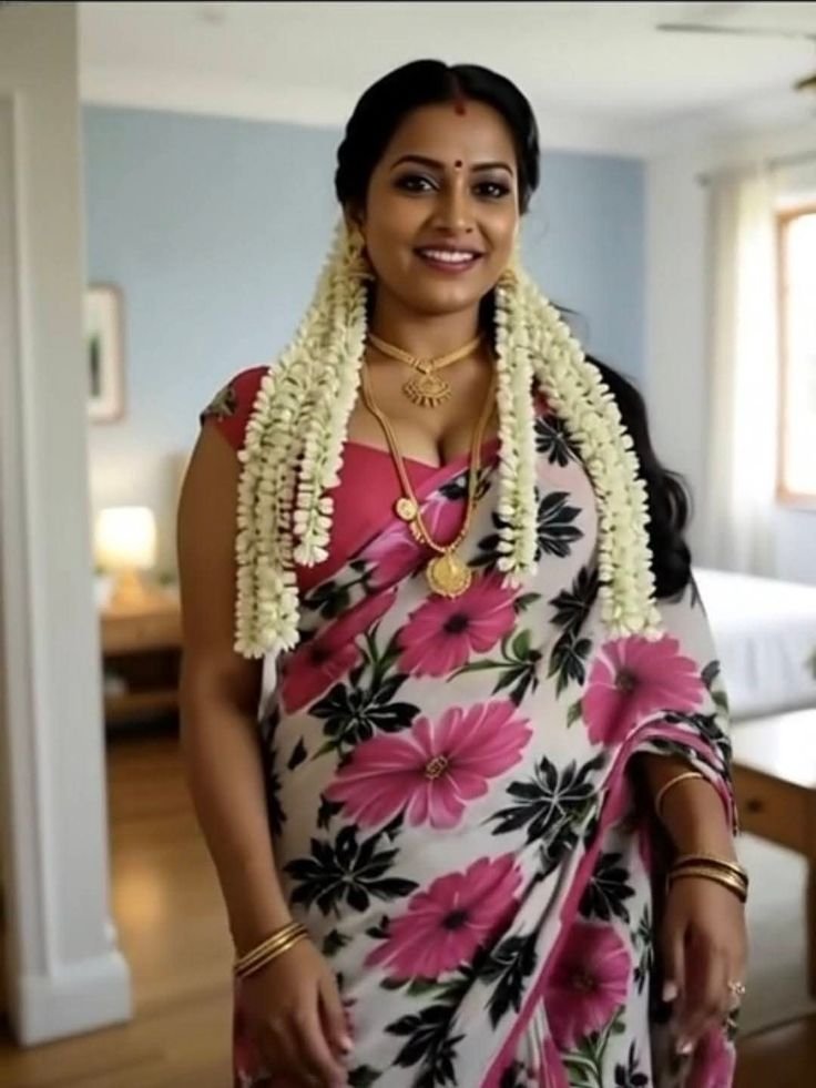 South Indian aunty in traditional saree, adorned with jewelry, smiling warmly