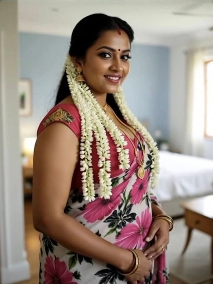 Radiant Indian bhabhi in floral saree with garland