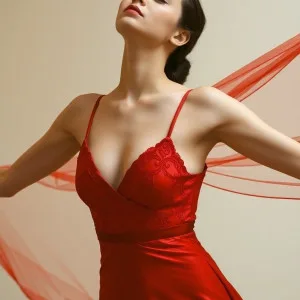 Indian model in silky red lingerie posing elegantly in studio