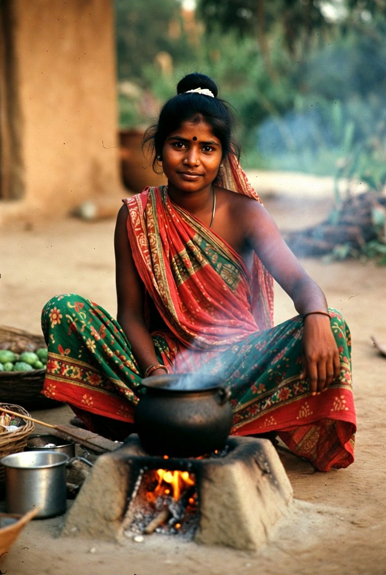 Indian aunty in saree cooking over fire in traditional setting