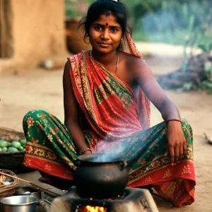 Graceful Desi Aunty Cooking in Traditional Attire