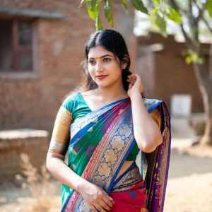 Beautiful Indian woman in colorful saree posing outdoors seductively