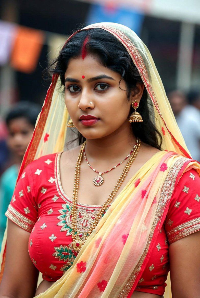Elegant bengali aunty in red saree with gold jewelry