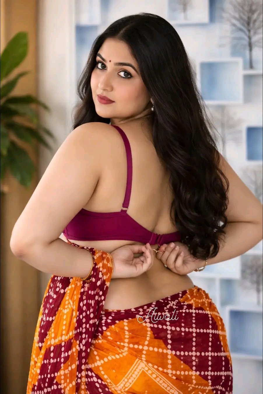 Indian bhabhi wearing saree and busty bra in a seductive pose