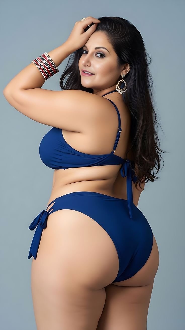 Indian beauty in blue bikini posing with hand on hair confidently