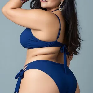 Indian beauty in blue bikini posing with hand on hair confidently