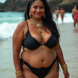Curvy desi aunty with exotic indian jewelry on beach