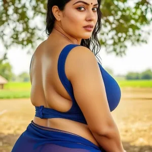 Voluptuous Indian beauty posing outdoors in wet blue dress