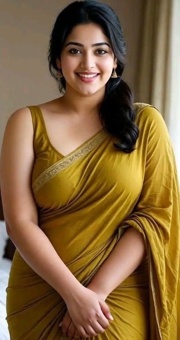 Indian beauty in flowing mustard yellow saree smiling confidently