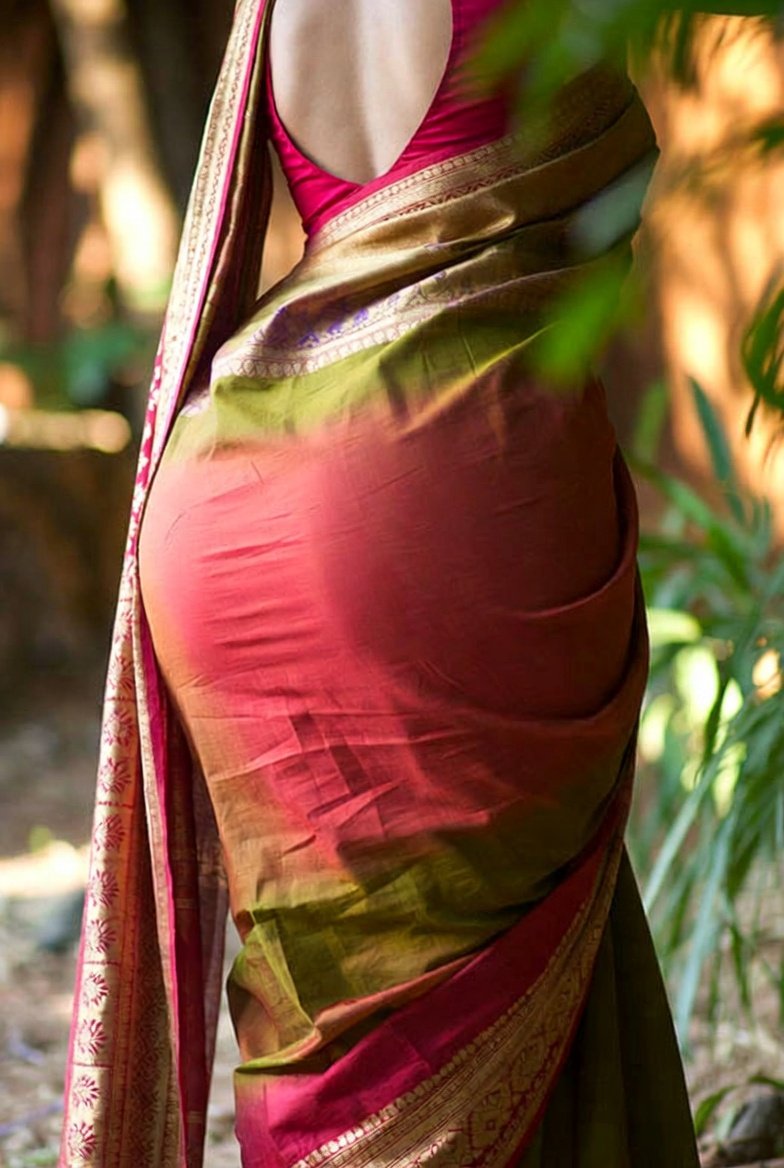 Saree fabric accentuating elegant curves in a lush garden setting