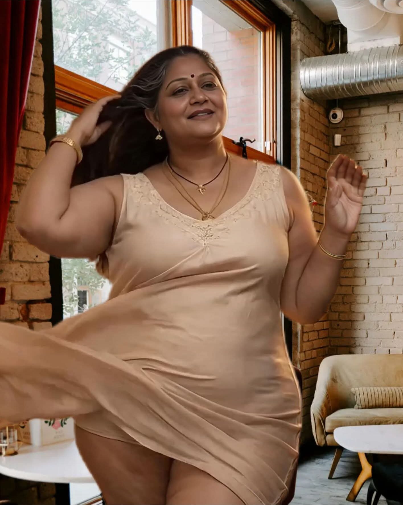 Sexy Indian bhabhi in beige dress posing at home