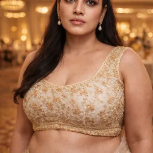 Indian bhabhi in golden outfit with confident expression