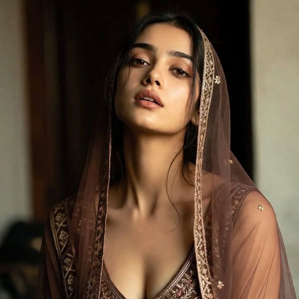 Captivating Indian bhabhi in traditional saree with prominent cleavage