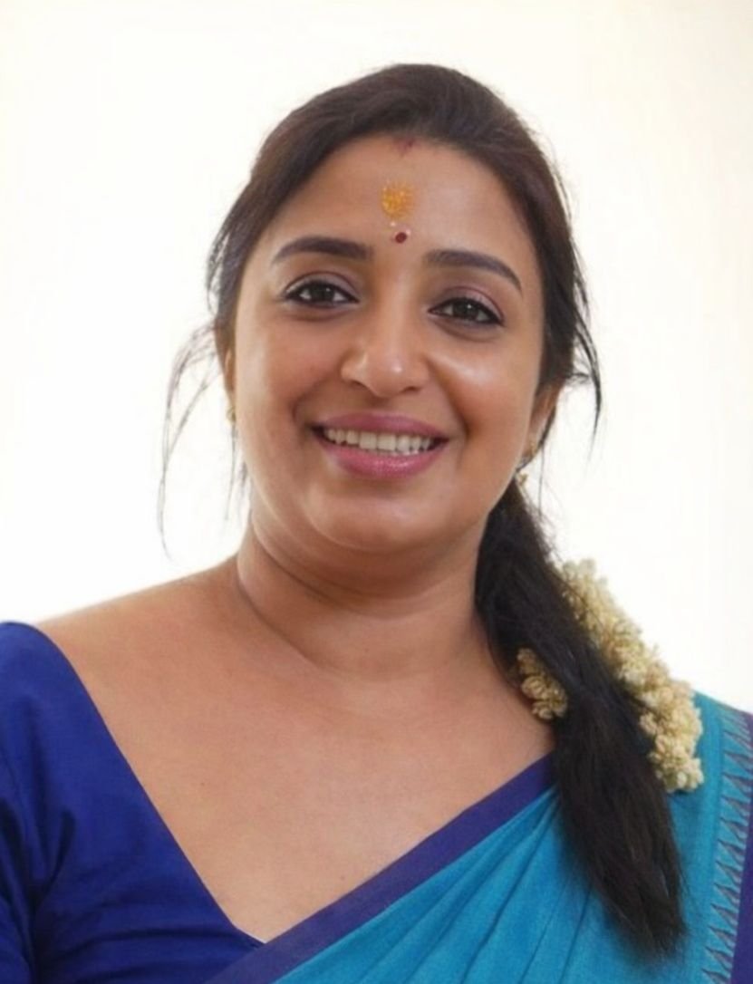 Voluptuous Indian aunty in blue saree smiling broadly