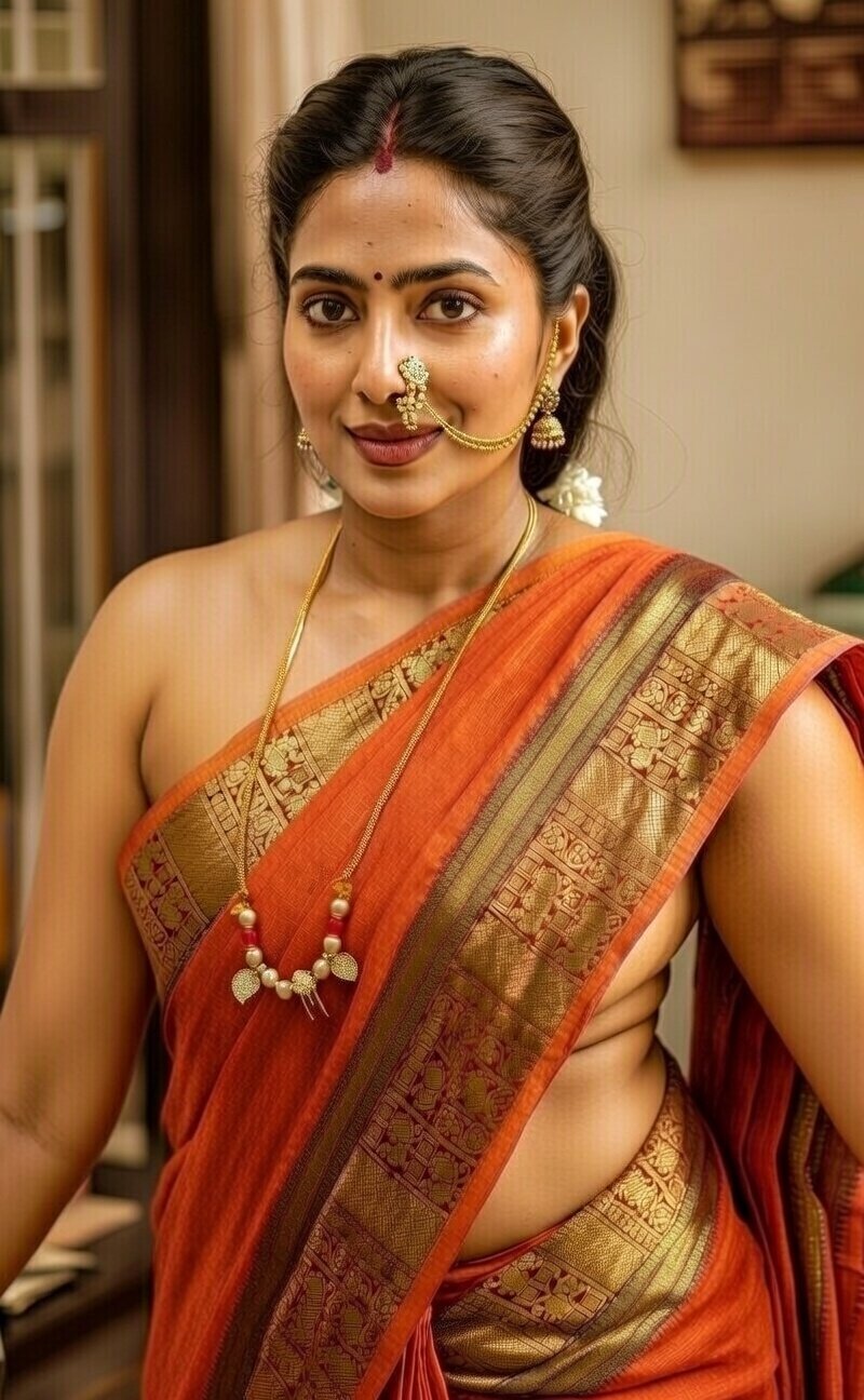 Beautiful Indian woman in orange saree with traditional jewelry