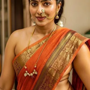 Beautiful Indian woman in orange saree with traditional jewelry